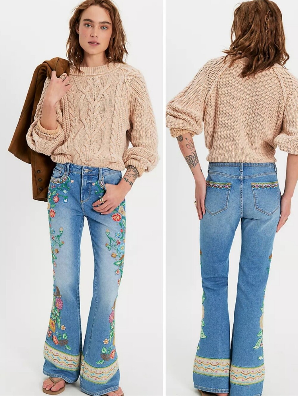 NWT Free People Driftwood Farrah Gardenia Embroidered Flare Jeans - Picture 2 of 11